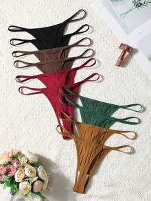 SHEIN 10pcs/Pack Women's Solid Color Ribbed Sexy Thong Panties - Multicolor - View 2