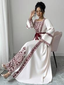 Yasmyna 女士优雅方领喇叭袖收腰复古连衣裙 - 酒紅色 - 查看 6