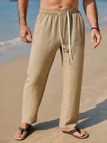 VENTUSAIL Quần dài nam dáng suông, cạp chun, màu trơn, túi xéo, đa năng cho kỳ nghỉ, đi làm hàng ngày, quần đi biển, quần vải lanh nam, quần boho, quần mùa hè. - Màu Khaki - Xem 3