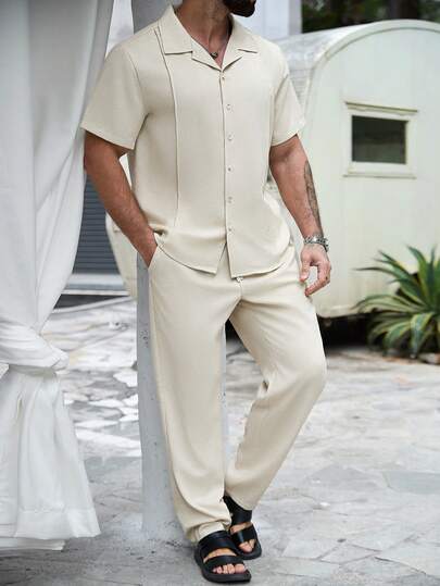 Manfinity Homme Plus Size Men's Front Button Solid Color Short Sleeve Shirt And Slant Pocket Pants Set,Men Old Money,Daily Leisure, Weekend Trips, Outdoor Activities, Travel Expeditions, Relaxed Work Environments Or Semi-Formal Occasions, Boyfriend/Husband Gift, Anniversary /Birthday Gift Party Summer Vacation Holiday,Wedding,Spring To Summer,Easter,Men's Beige Casual Two Piece Outfit With Button Front Shirt And Pants,Two Piece Linen Set For Men,Cream Outfit Men,Beige Men Outfit,Men Summer Outfits