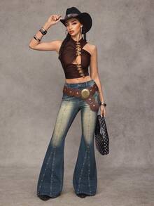 Jeanoix Quần jeans ống loe bạc màu kiểu Y2K dành cho nữ - Rửa tối - Xem 6