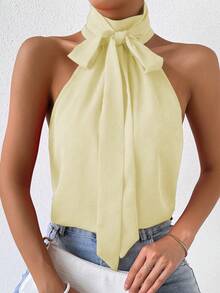RosyDaze Women's Solid Color Tie-Neck Casual Versatile Daily Wear Shirt - Light Yellow - View 5