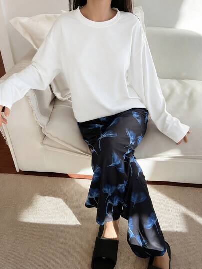 DAZY 2件套纯色宽松长袖T恤和直筒印花长裤睡衣套装，春秋季女装