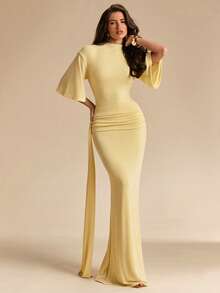 SHEIN BAE 女士黄色短袖高领露肩系带连衣裙，黄色连衣裙，优雅连衣裙，度假连衣裙，伴娘礼服，生日派对礼服，返校/毕业礼服 - 黃色 - 查看 7