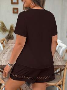 EMERY ROSE Conjunto de talla grande para mujer de unicolor con cuello en V, volantes y mangas cortas, casual, de vacaciones, diario y elegante, para primavera/verano - Café integral - Ver 2