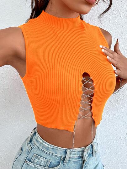 Almamuse Blusa de punto con cuello alto, decoración de cadena y diseño versátil y de moda para salidas y citas