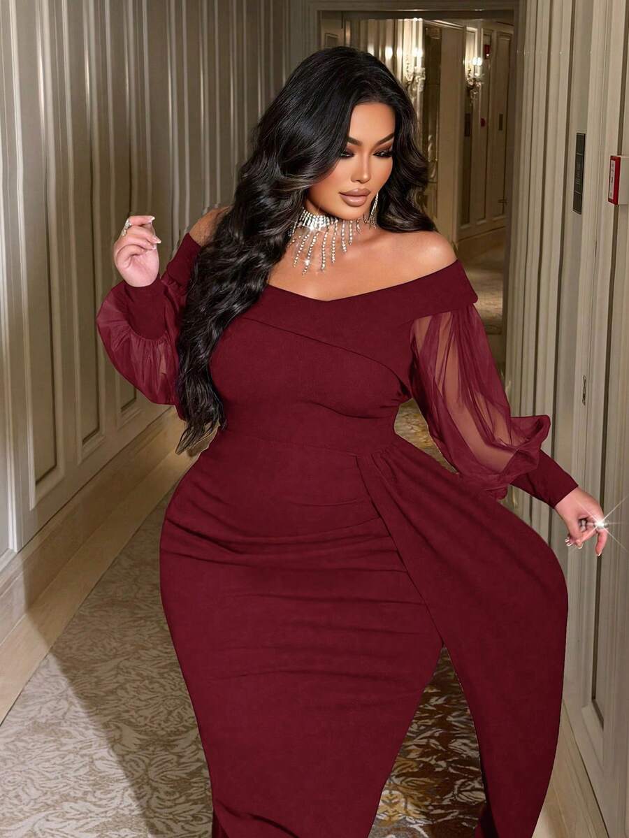 NU&NOW Plus Size Mesh Patchwork Off-Shoulder Party Dress - Burgundy - View 1