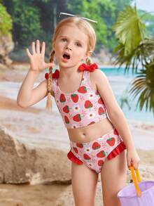 少女可爱休闲红色草莓印花泳装套装，肩部饰有红色蝴蝶结，适合度假，开启夏日时尚之旅。 - 紅色 - 查看 4