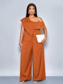 SOLERSUN 女士优雅复古商务休闲两件套，不对称领口收腰单排扣衬衫搭配阔腿口袋细节长裤，完美适用于度假和日常通勤。 - 鏽棕色 - 查看 3