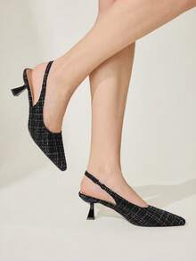 CUCCOO CHICEST Zapatos de tacón de punta fina con estampado de cuadros elegantes para mujer - Negro - Ver 7