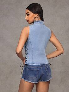 Jeanoix Women's Fashionable Casual Y2K Versatile Fitted Sexy Denim Top - Light Wash - View 2