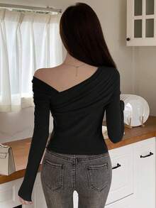 DAZY Solid Asymmetrical Neck Slim Tee,Fall Clothes Long Sleeve Women Tops - Black - View 2