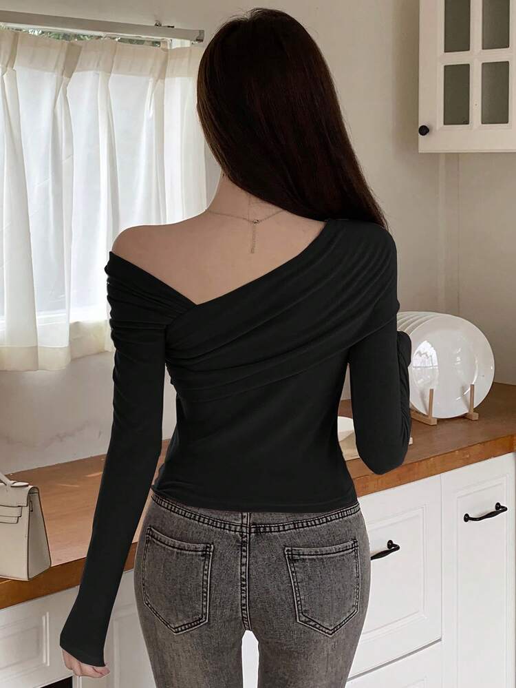 Tall Women's Wrap-Around Oblique Shoulder Fitted Long Sleeve Casual Base Layer T-Shirt