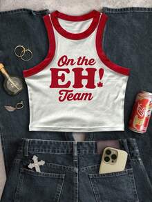 INAWLY Áo tank top ngắn tay nữ kiểu dáng thường ngày, phối màu tương phản, in chữ, thích hợp cho mùa hè. - Nhiều màu - Xem 6