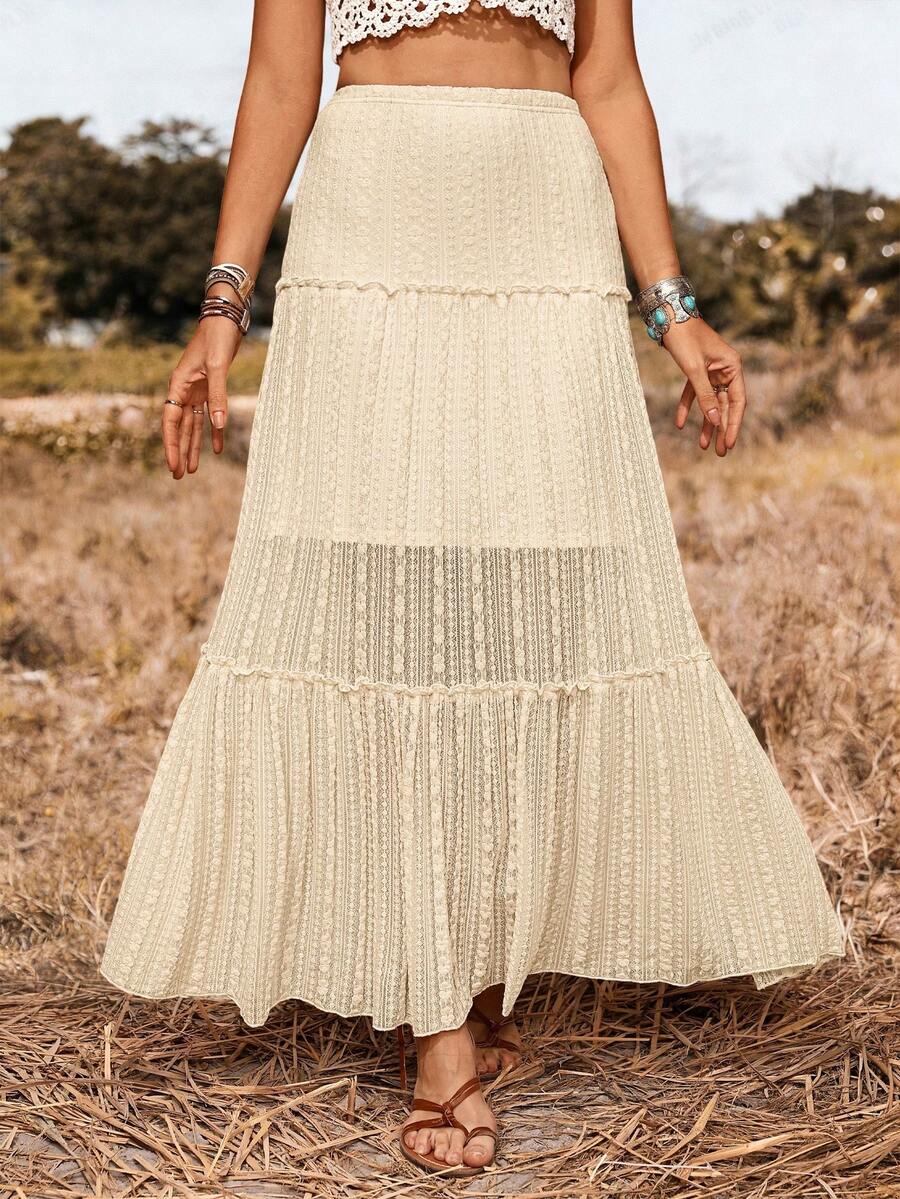 SHEIN LilyWest Women's 2026 Spring/Summer New Elegant Sexy Elegant Versatile Lace Ruffle Hem Lined Skirt, Suitable For Party, Casual, Vacation, Date Occasions (Random Print) - Apricot - View 1