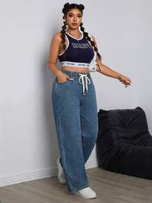 SHEIN ICON Quần jeans nữ cỡ lớn, cạp chun, túi, ống rộng, dáng suông, thoải mái. - Màu xanh bụi bặm - Xem 5