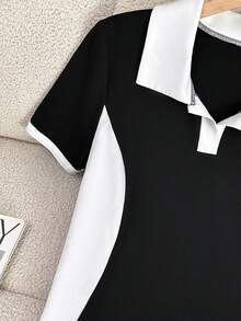 GlowEve 女士独角兽印花撞色Polo领短袖休闲迷你连衣裙 - 黑與白 - 查看 6