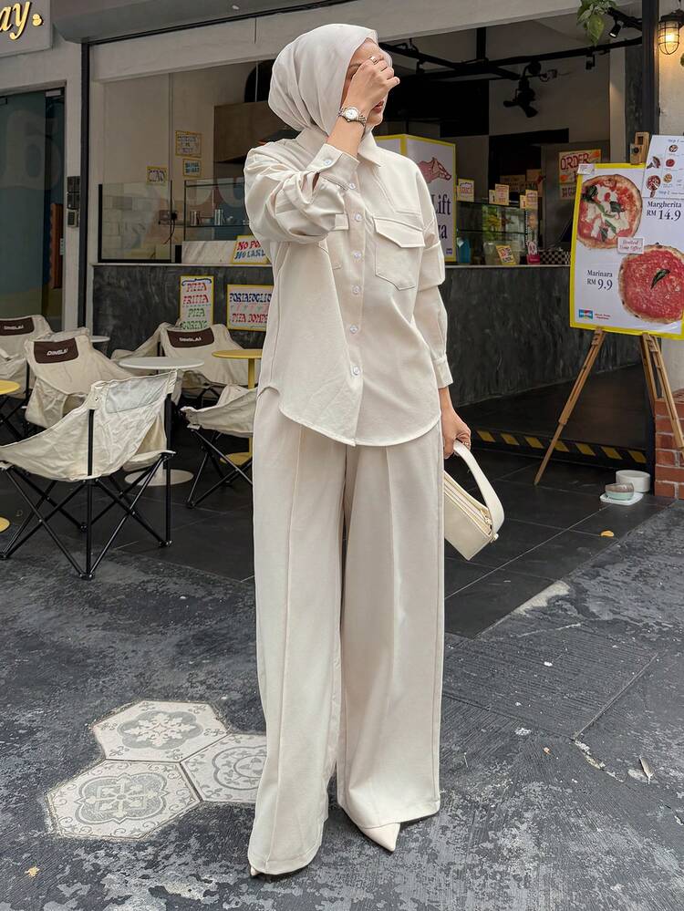 Women's Casual Solid Color Pocket Shirt And Wide Leg Pants 2 Pieces Set, Spring