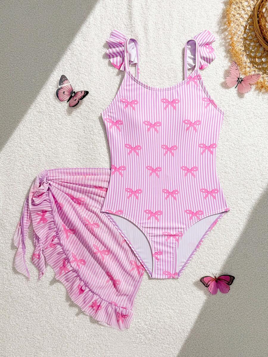 SHEIN Conjunto de traje de baño de una pieza con estampado de lazo a rayas rosa y falda con volantes para niña preadolescente, moda casual - Rosa - Ver 1