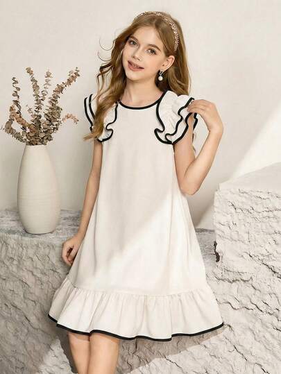 SHEIN Tween Girls' Summer Elegant Color Block Ruffle Hem Dress