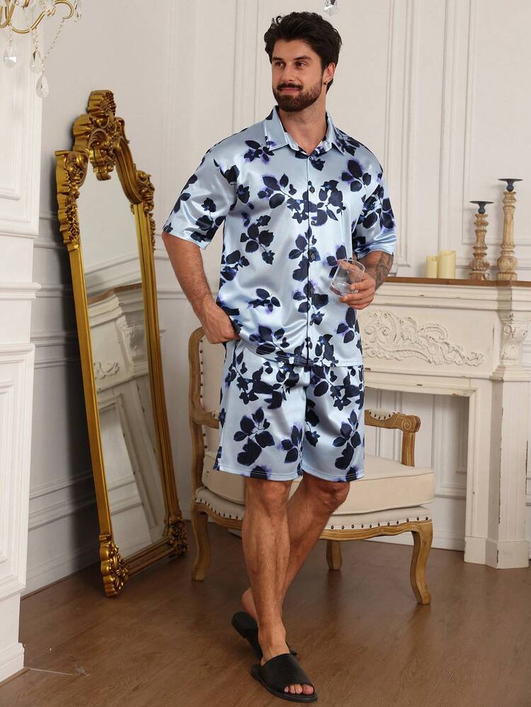 Men's Summer Floral Print Short Sleeve Shirt And Shorts Pajama Set