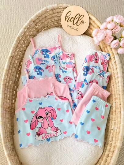 SHEIN This 8-Piece Cute Baby Girl Casual, Simple, And Adorable Knitted Stretch Tank Top And Shorts Set Features Cute Patterns. Suitable For Birthday Parties, Evening Parties, Performances, Weddings, Baptisms, Opening Ceremonies, Everyday Wear, School, Travel, And Autumn/Winter Seasons.