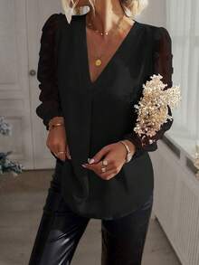 大码女式 V 领拼色网眼灯笼袖衬衫 - 黑色 - 查看 5