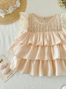 SHEIN 女婴可爱杏色百搭荷叶边蕾丝花边飘逸袖衬衫 - 杏色 - 查看 4