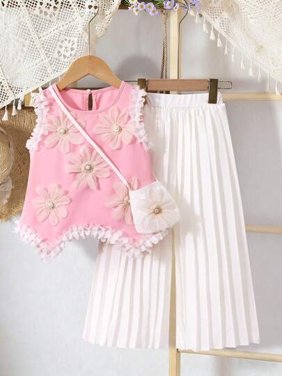 Summer Outfits 2pcs/Set Toddler Girls' Sleeveless Tank Top With Ruffle Trim & Floral Decor Paired With White Wide Leg Pleated Pants, Loose Straight Fit, Suitable For Summer Travel And Commute, Combining Style And Comfort Kids Pleated Skirt Sets Summer Two Piece Set For Girls Girls Coord Sets