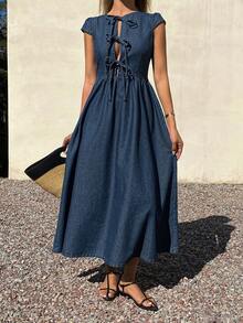 DAZY Women's Round Neck Tie Design Waist Cinched Long Casual Denim Dress, Vacation Style - Dark Wash - View 6