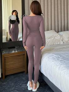 DAZY Romantic Sheer Lace Patchwork Slim Fit Long Sleeve Top And Long Pants Women Sleepwear Set Pajamas - Purple - View 2