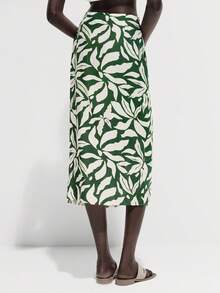 Lumivelle 女士优雅度假风绿白印花高腰系带开衩半身裙，仿亚麻竹纤维面料 - 綠色 - 查看 2