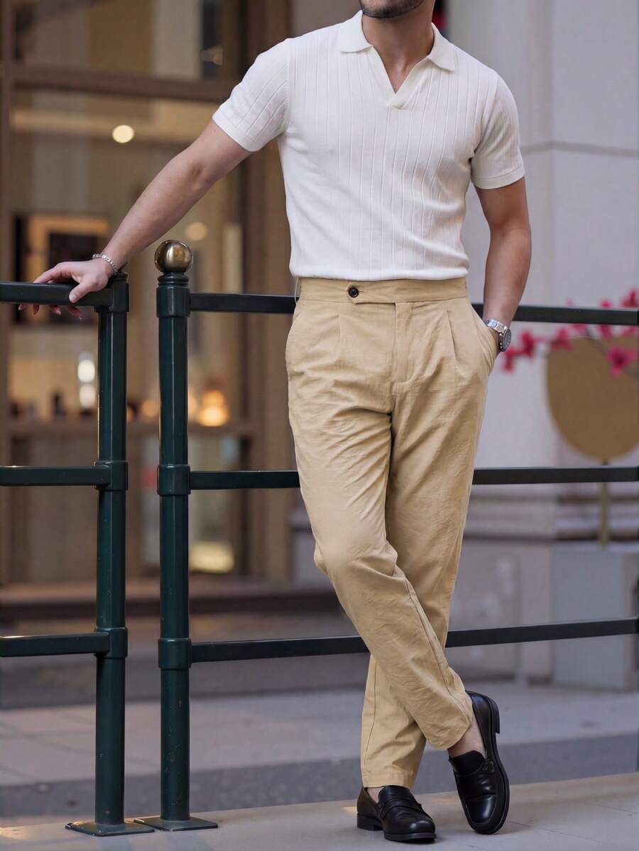 Manfinity Bizformal 男士休闲纯色短袖 Polo 衫和长裤套装，夏季 - 白色 - 查看 1