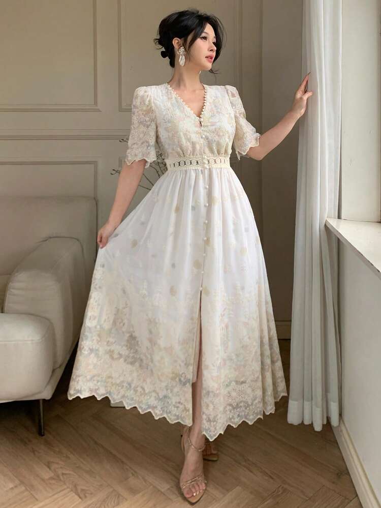 DAZY Vestido de mujer con cuello en V, manga corta, cintura ceñida y estampado floral, vestido de verano - Albaricoque - Añade 2