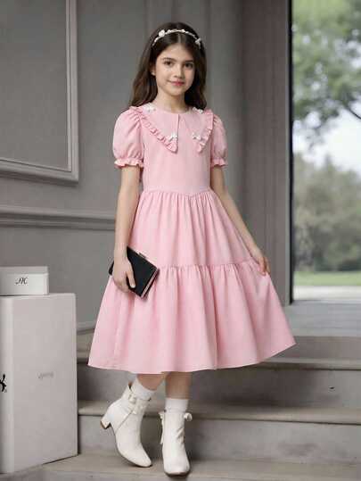 SHEIN 少女纯色荷叶边蝴蝶结装饰优雅短袖连衣裙