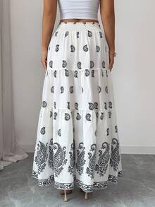 Rafferiza Peplum Hem Paisley Print Layered Ruffle Skirt, Waist Cinched Slimming A-Line Skirt - White - View 2
