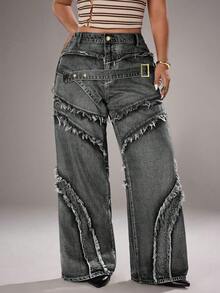 Jeanoix Plus Size Fashion Fringe & Belt Decor Denim Jeans, Suitable For Everyday Wear - Grey - View 6