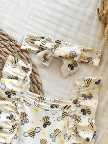 SHEIN Vintaside Kids 春夏两件套 - 新生女婴浅黄色卡通蜜蜂图案圆领连衣裙，搭配可爱丝带发带。款式可爱甜美，舒适柔软。采用厚度适中的针织面料制成，版型合身。适合居家休闲、度假、玩耍或拍照。也适合参加派对和其他活动。 - 彩色 - 查看 7