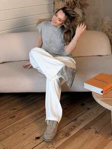 Katetique Pulover casual tricotat de culoare solidă pentru femei, simplu și la modă, ținută de zi cu zi - Gri - Vizualizare 4
