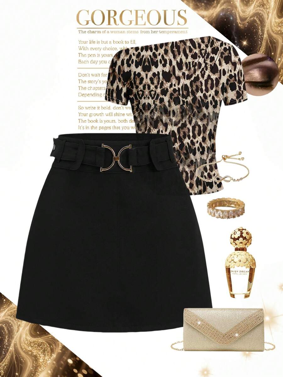 Ellevyn Chân váy chữ A đơn giản, màu trơn, có khóa cài, thích hợp mặc đi làm hàng ngày cho nữ; Chân váy ngắn mùa hè họa tiết da báo, kiểu dáng thanh lịch, màu đen dáng rộng, đa năng; Chân váy ngắn dệt màu đen; Áo họa tiết da báo, chân váy đen họa tiết da báo. - màu đen - Xem 1