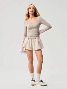 OutZeal Women Sports Tee Daily Casual Quick Drying Stretch Long Sleeve Square Collar Slim Tops - Apricot - View 7