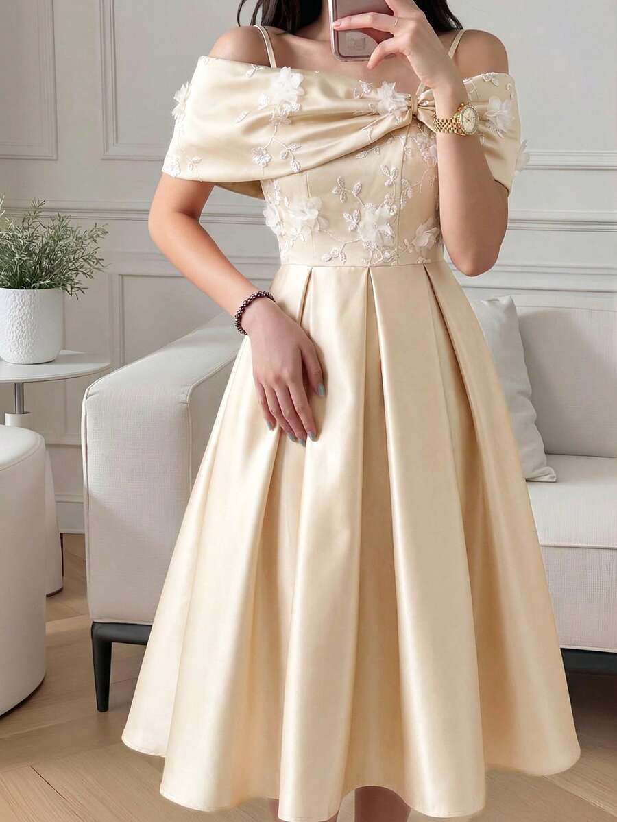 SHEIN Đầm xòe trễ vai thắt eo, nơ dành cho thiếu nữ, thích hợp dự tiệc. - Màu be - Xem 1