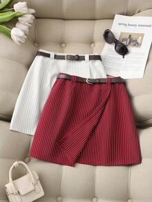 Franclia 2026新款休闲通勤百搭条纹迷你裙，深红色，女士春夏下装，休闲办公装 - 酒紅色 - 查看 1