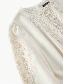 ZEYLAH 亚麻对比蕾丝腰带连衣裙 - 杏色 - 查看 9