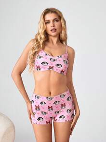 THE POWERPUFF GIRLS X SHEIN Women's Blossom, Bubbles, Buttercup Pattern Camisole Bra And Boyshort Panty Set - Pink - View 1