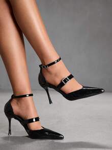 CUCCOO SZL Women's Black Patent Leather Pointed Toe Stiletto Heel Rhinestone Buckle Double Strap Sexy Date Night Fashion High Heels - Black - View 1