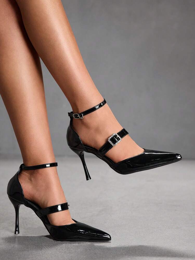 CUCCOO SZL Women's Black Patent Leather Pointed Toe Stiletto Heel Rhinestone Buckle Double Strap Sexy Date Night Fashion High Heels