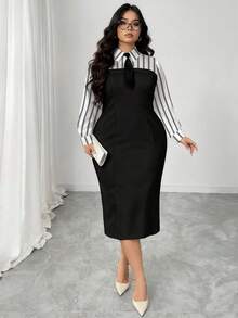 SHEIN Elenzya 大码商务休闲黑色衬衫领长袖中长连衣裙 春秋季长袖修身条纹拼接中长连衣裙 大码纯色长袖简约休闲长裙 女士日常长裙 教师装 - 黑與白 - 查看 6