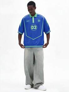 SUMWON Retro Style Polo Shirt With Number 03 Print Classic Collar Short Sleeve Casual Top - Blue - View 7