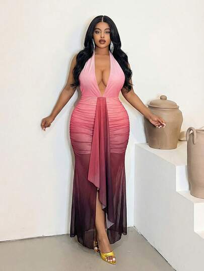 Maweii Plus Size Women's Sexy Vacation Deep V-Neck Halter Tie Elastic Sheer Ombre Bodycon Mini Dress